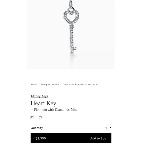 Tiffany platinum diamond heart key charm and chain - Picture 7 of 8